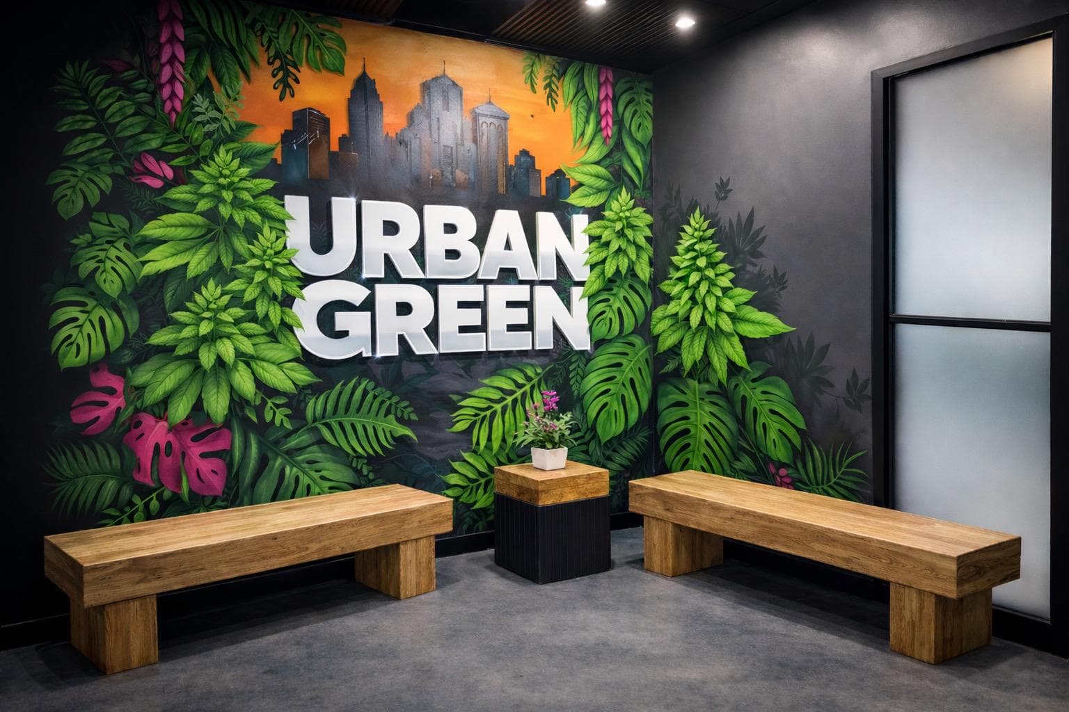 Urban Green interior mural and lounge wall